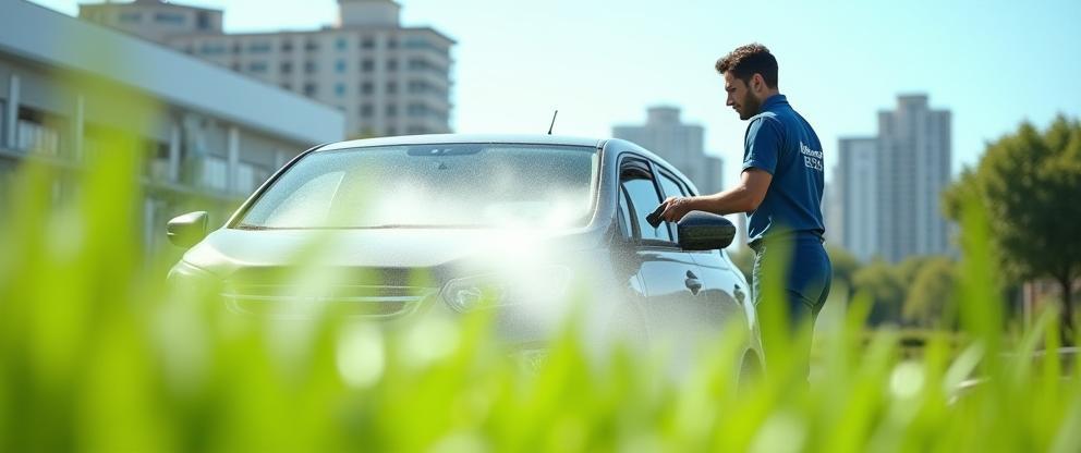 Technicien Lavage Propre FR nettoyant sans eau devant une prairie urbaine